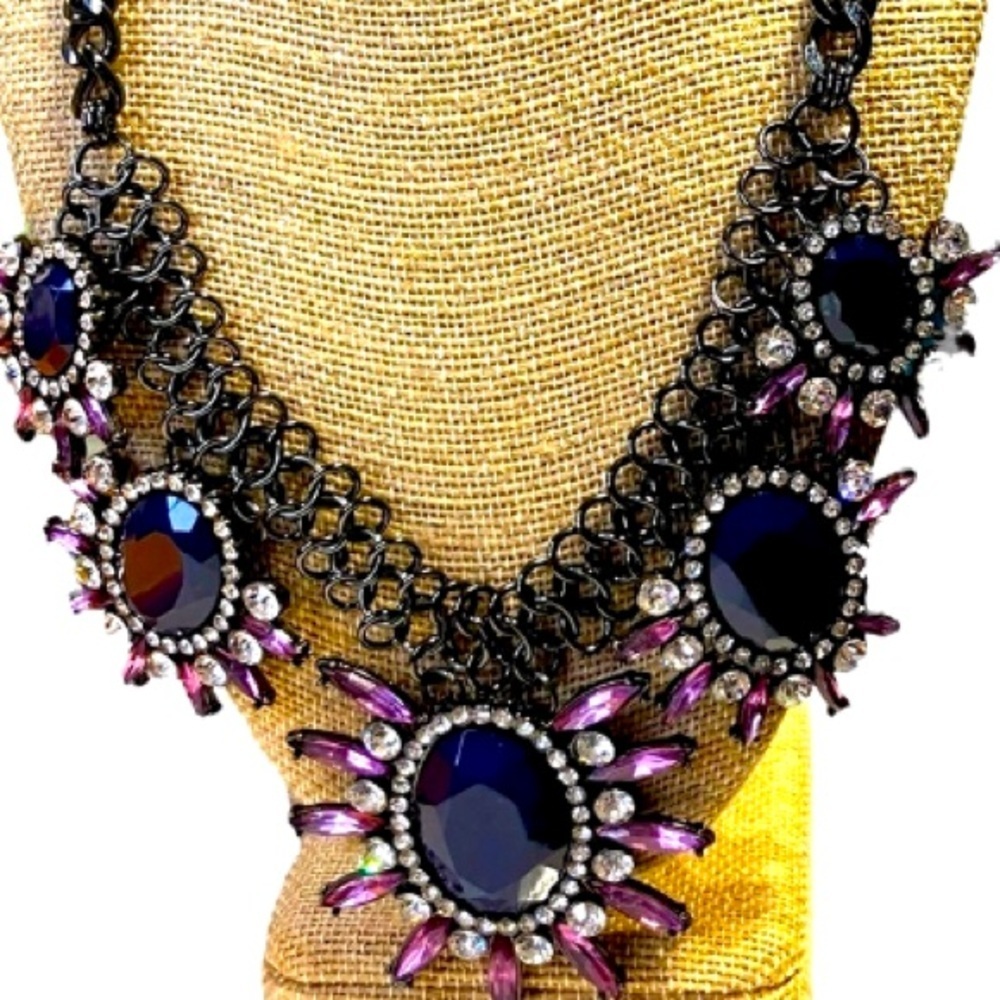Floral Sparkling Party Necklace Pink Navy 23 Inch